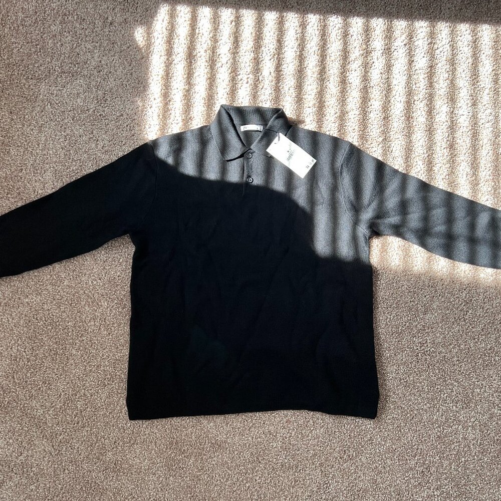 Zara Mens Knit Polo - BLACK NWT Large